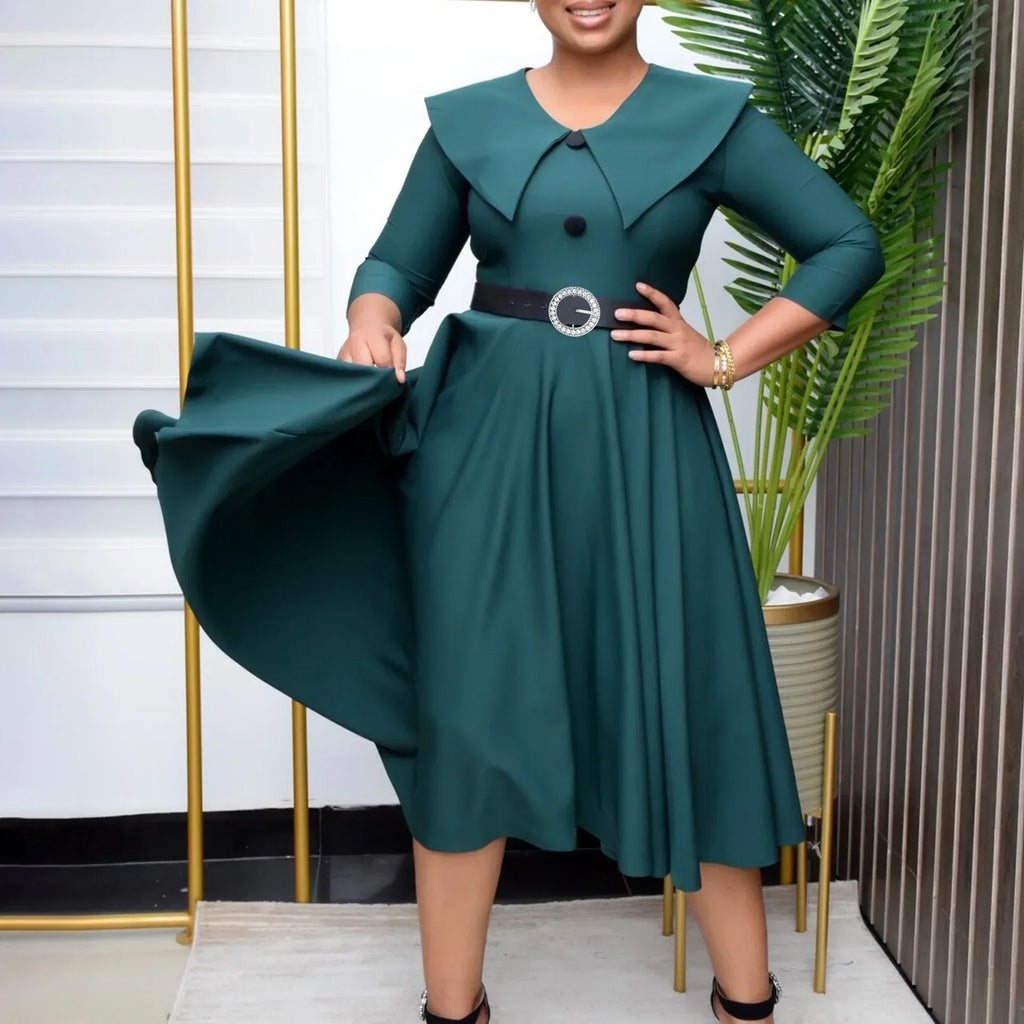 Elegant Office Dress for Women Midi With Sleeve O Neck Turn Down Collar Three Quarter Belt Waisted Mid Calf Formal Work Dress OL