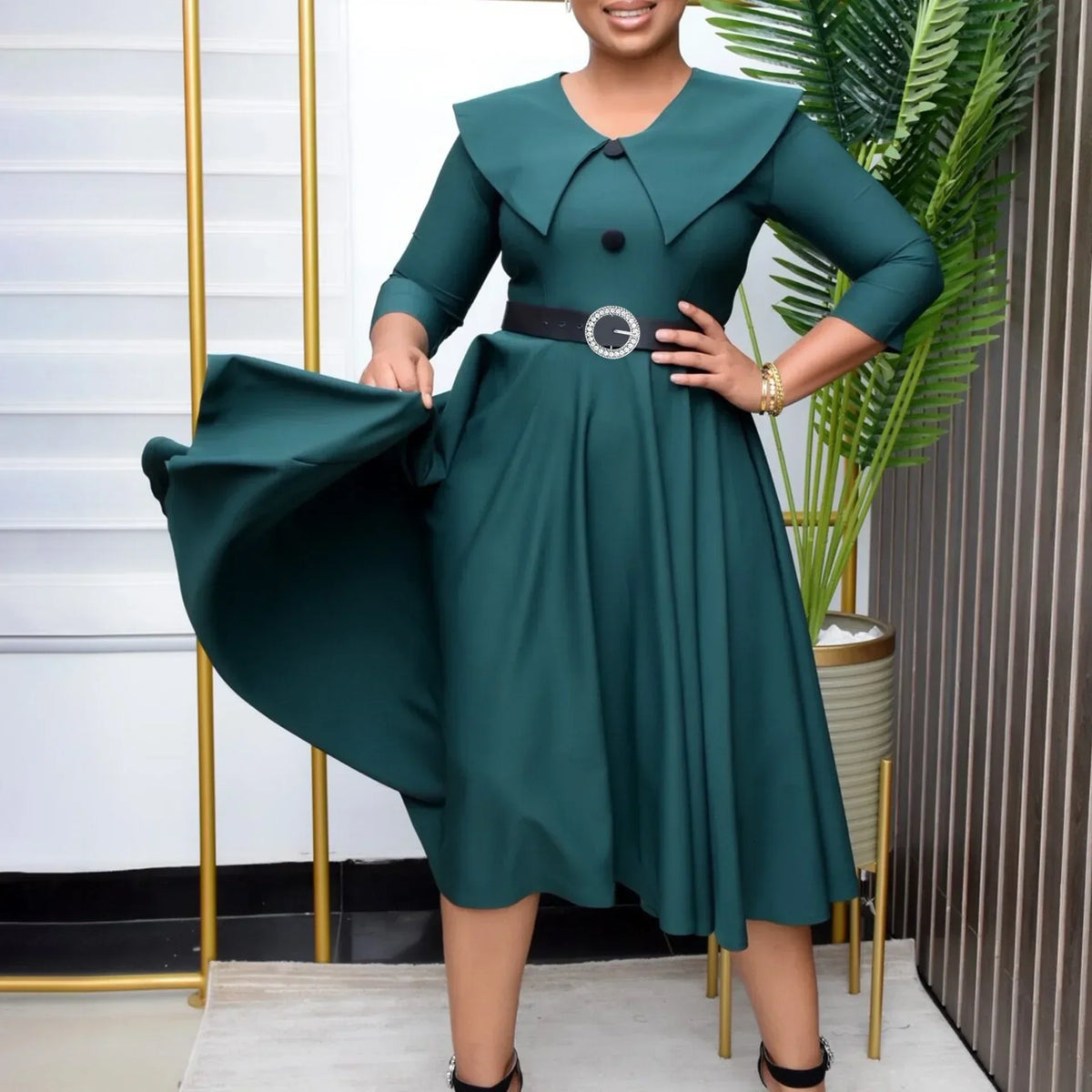 Elegant Office Dress for Women Midi With Sleeve O Neck Turn Down Collar Three Quarter Belt Waisted Mid Calf Formal Work Dress OL