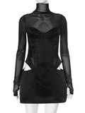 Fashion Chic Turtleneck Mesh Patchwork Short Dress Party Clubwear Long Sleeve See-through Hollow Out Mini Corset Dresses Black