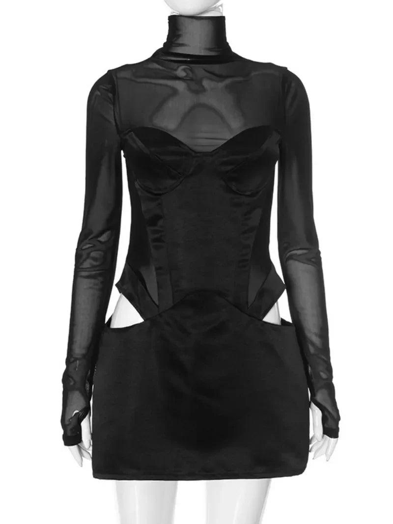 Fashion Chic Turtleneck Mesh Patchwork Short Dress Party Clubwear Long Sleeve See-through Hollow Out Mini Corset Dresses Black