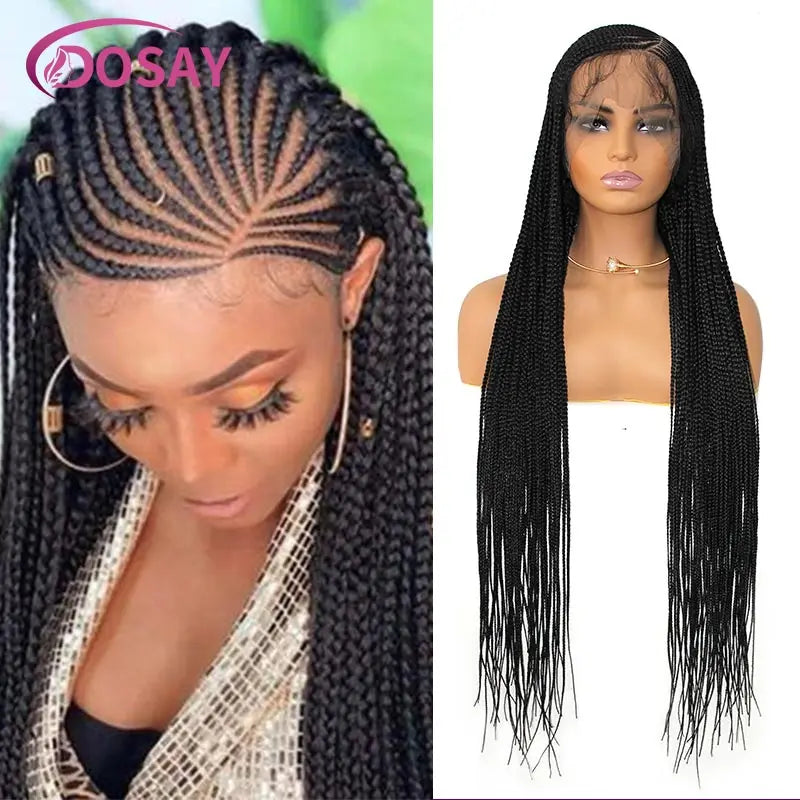 Synthetic Full Lace Front Cornrow Double Braided Wigs For Women Box Side Part Braided Wig Faux Locs