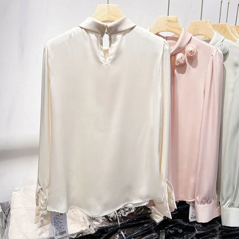 French Style Elegant Folds Shirt Female Clothing Stylish Floral Three-dimensional Decoration Spring Autumn Stand Collar Blouse