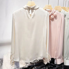 French Style Elegant Folds Shirt Female Clothing Stylish Floral Three-dimensional Decoration Spring Autumn Stand Collar Blouse