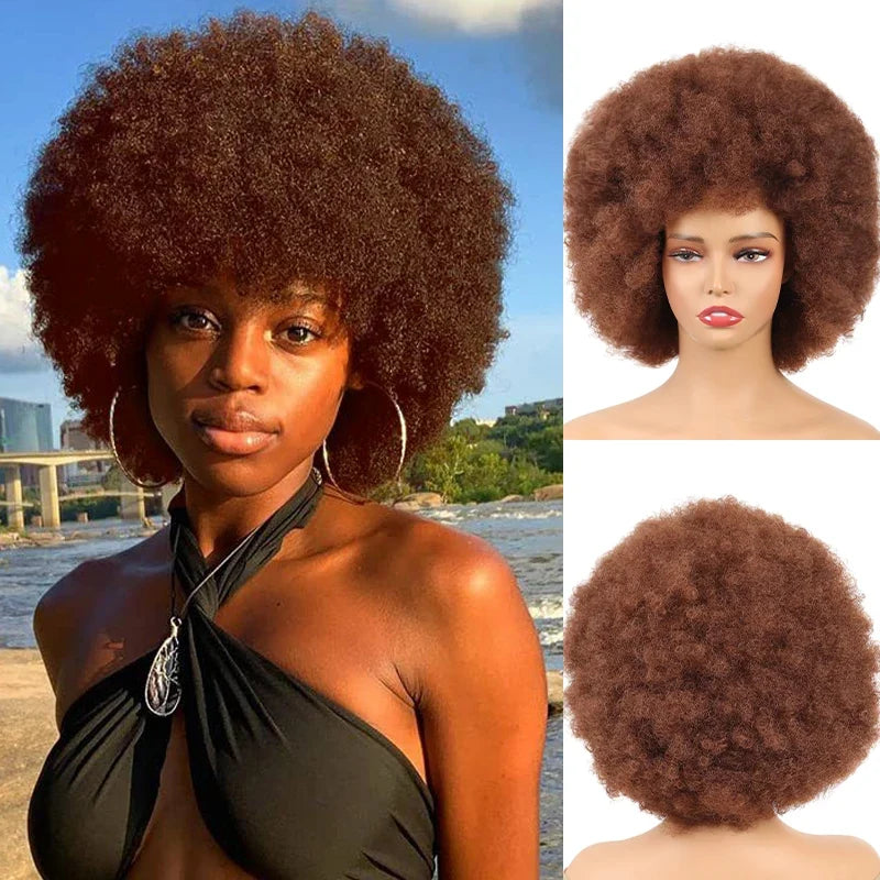 Short Afro Kinky Curly Wig with Bangs – Fashion Color Glueless