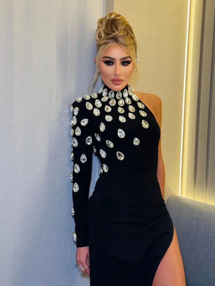 Celebrity One Sleeve Rhinestone Black Maxi Long Bodycon Elegant Evening Wear