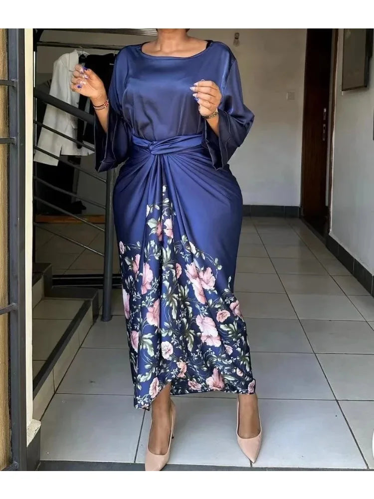 African Printed Two Piece Sets Skirt Womens O-neck Loose Flare Sleeve  Lace-up Skirt 2 Piece Suit Womens