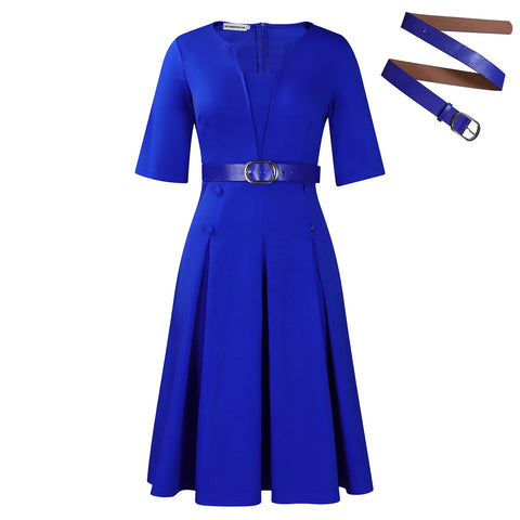 Elegant Office Dresses For Woman V Neck Half Sleeve High Waisted Belt Waisted Pleated Mid Calf Classy Modest Female Work Gowns