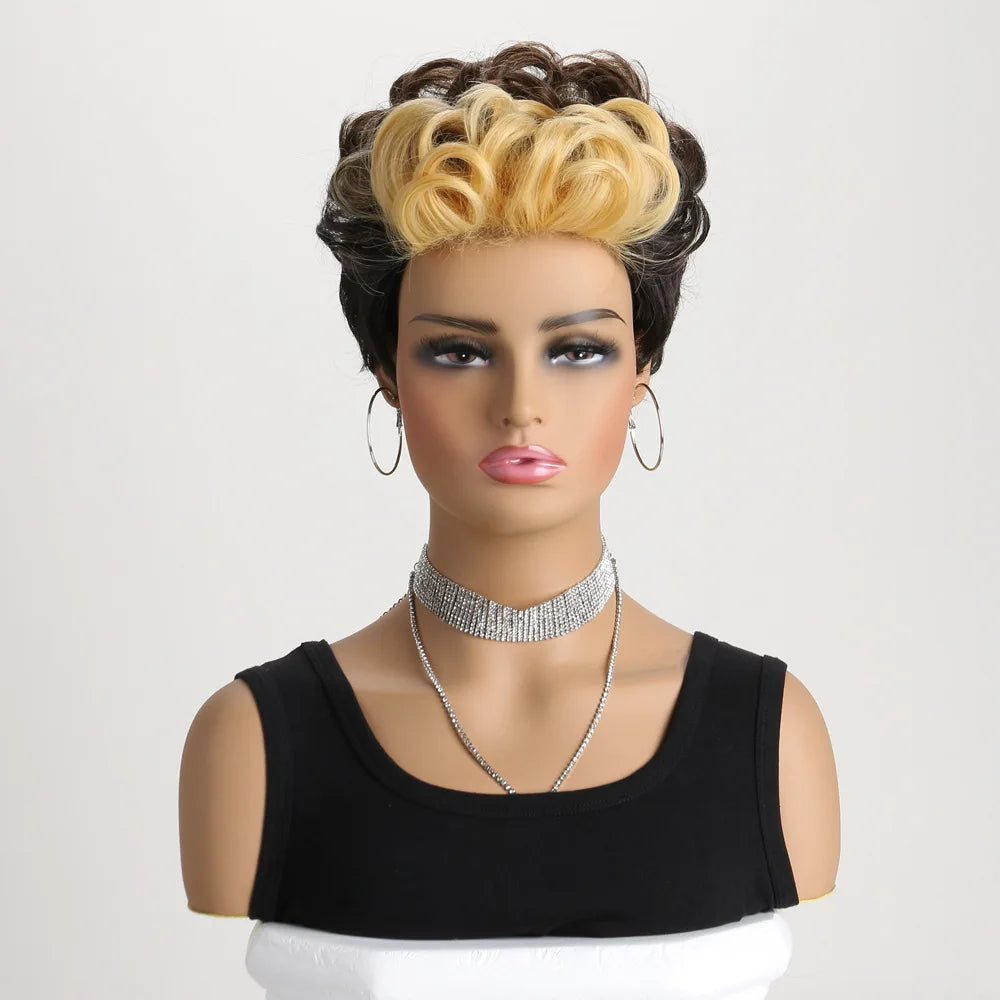 Synthetic Short Pixie Cut Wig with Wavy Bangs Mixed Black Brown 2 Tones Hair Wigs for Women Wavy Haircuts
