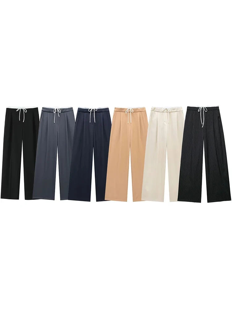 Willshela Fashion Solid Lace Up Side Zipper Straight Pants Vintage Elastic High Waist Chic Trousers