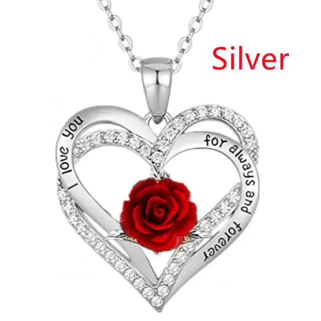 I Love You For Always And Forever Rose Heart Pendant Necklace featuring romantic rose and heart design