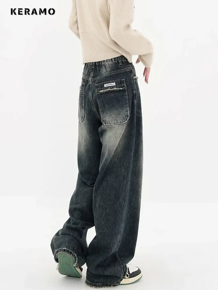 Harajuku Streetwear Retro Fashion Women High Waist Jeans Wide Leg Straight Denim Trousers Y2K Baggy Pants