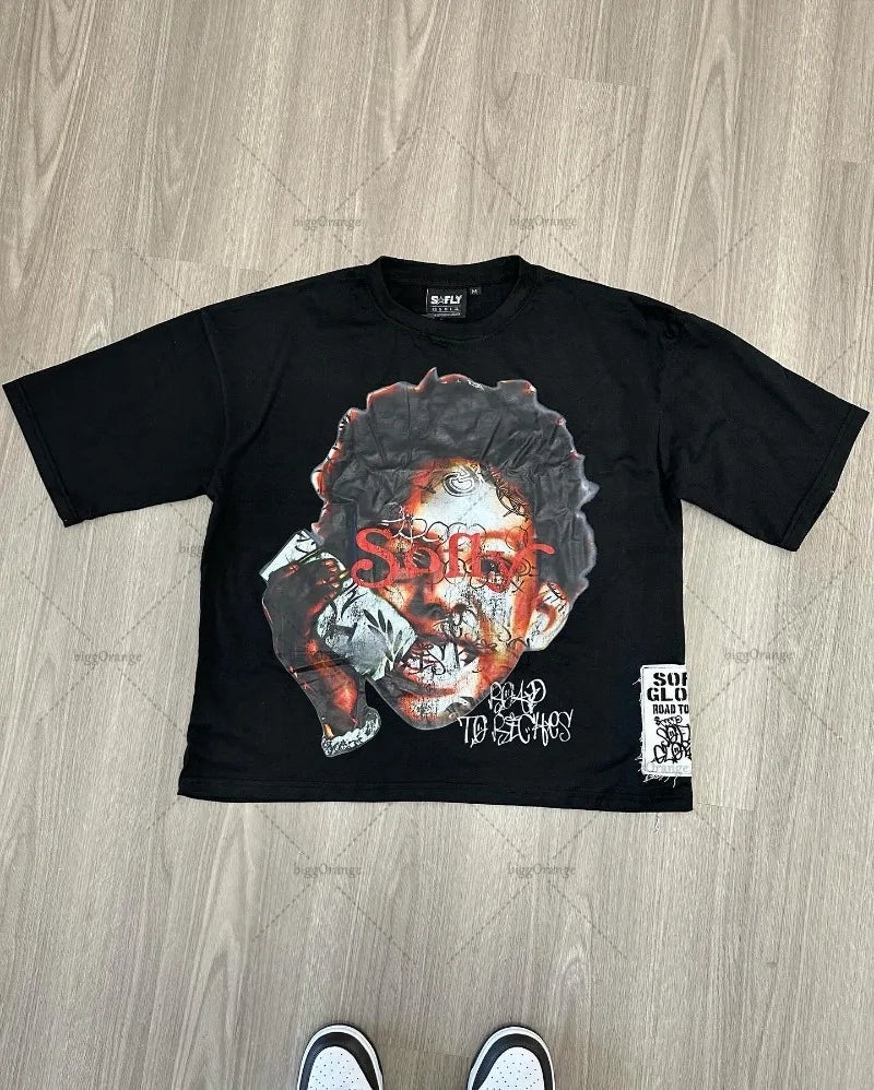 Y2k European and American Street Anime Printed T-shirt Casual Versatile Clothing Men Gothic Punk Oversized Short Sleeves Women