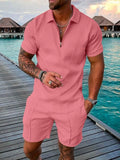 Summer Fashion Men 3D Print Solid Color Polo Shirt And Shorts 2pcs Sets Trend Zipper Tracksuit Oversized T-shirt