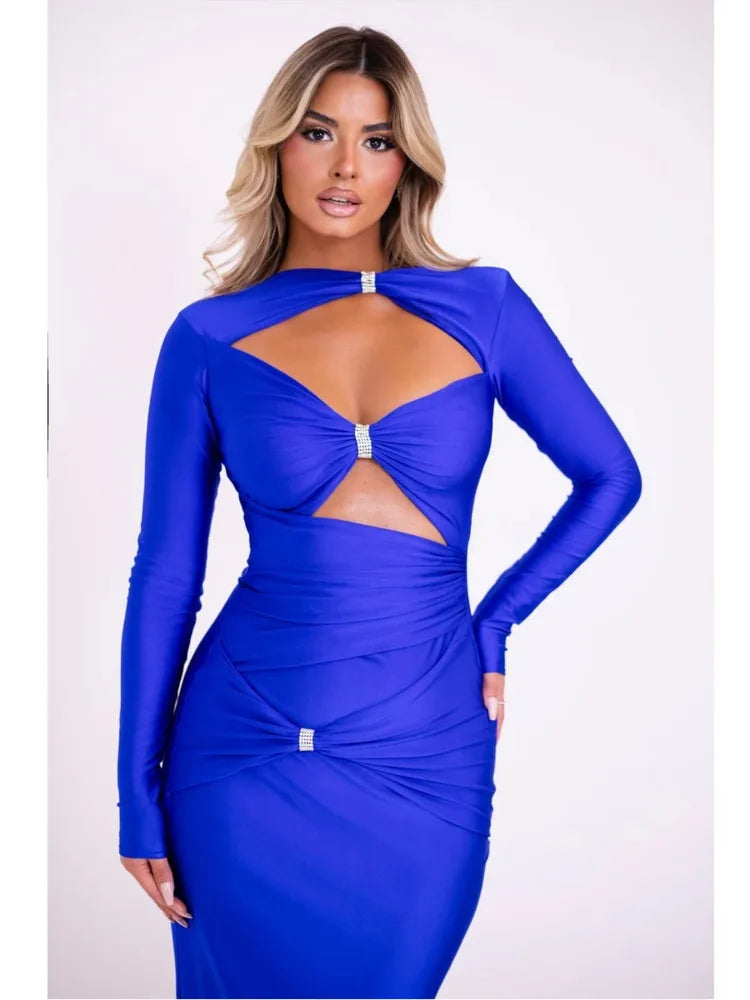 Sexy Hollow Cut Out Front Long sleeved Elastic Tight Dress Double Pleats Vestidos Elegant Evening Dress