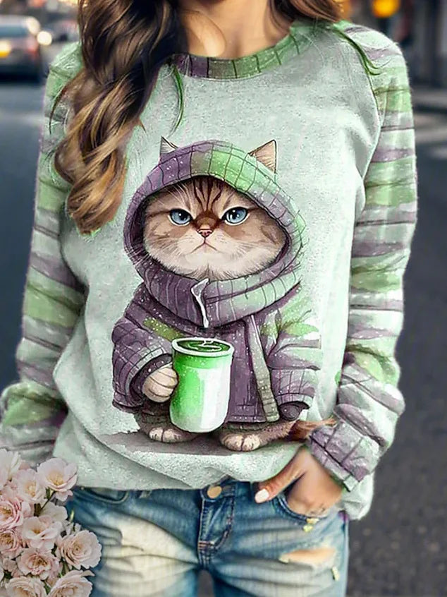 Women's round neck hoodie animal cat 3D printed shoulder style autumn and winter European and American T-shirt women's clothing