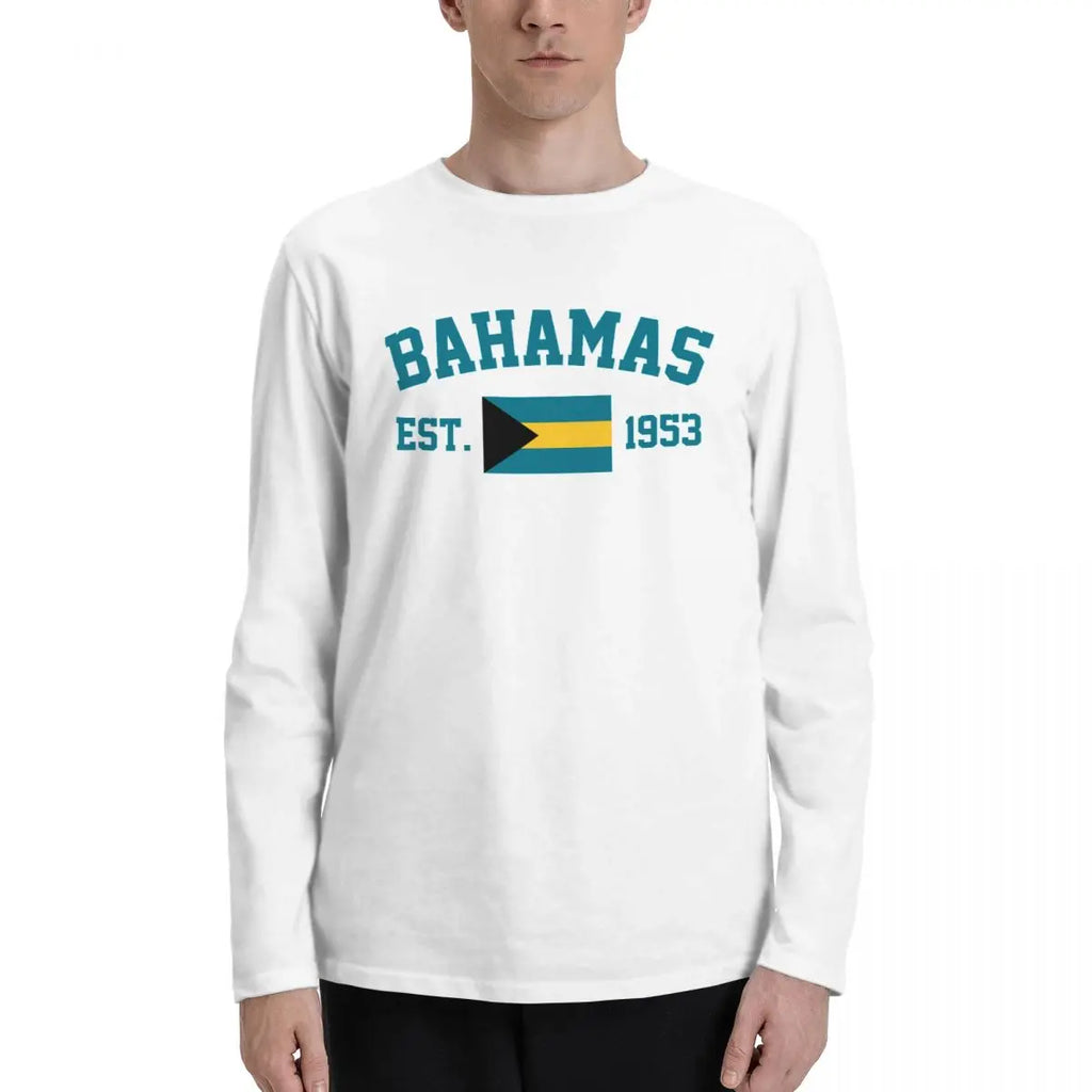 100% Cotton Bahamas Flag With EST. Year Long Sleeve Autumn T shirts Men Women Unisex Clothing LS T-Shirt Tops Tees