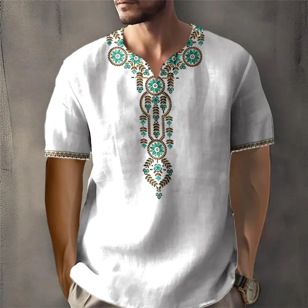 Vintage T-shirt For Men African Traditional Ethnic Style Print T-shirt Loose V-Neck Short Sleeved Tee Oversized Men Clothing Top