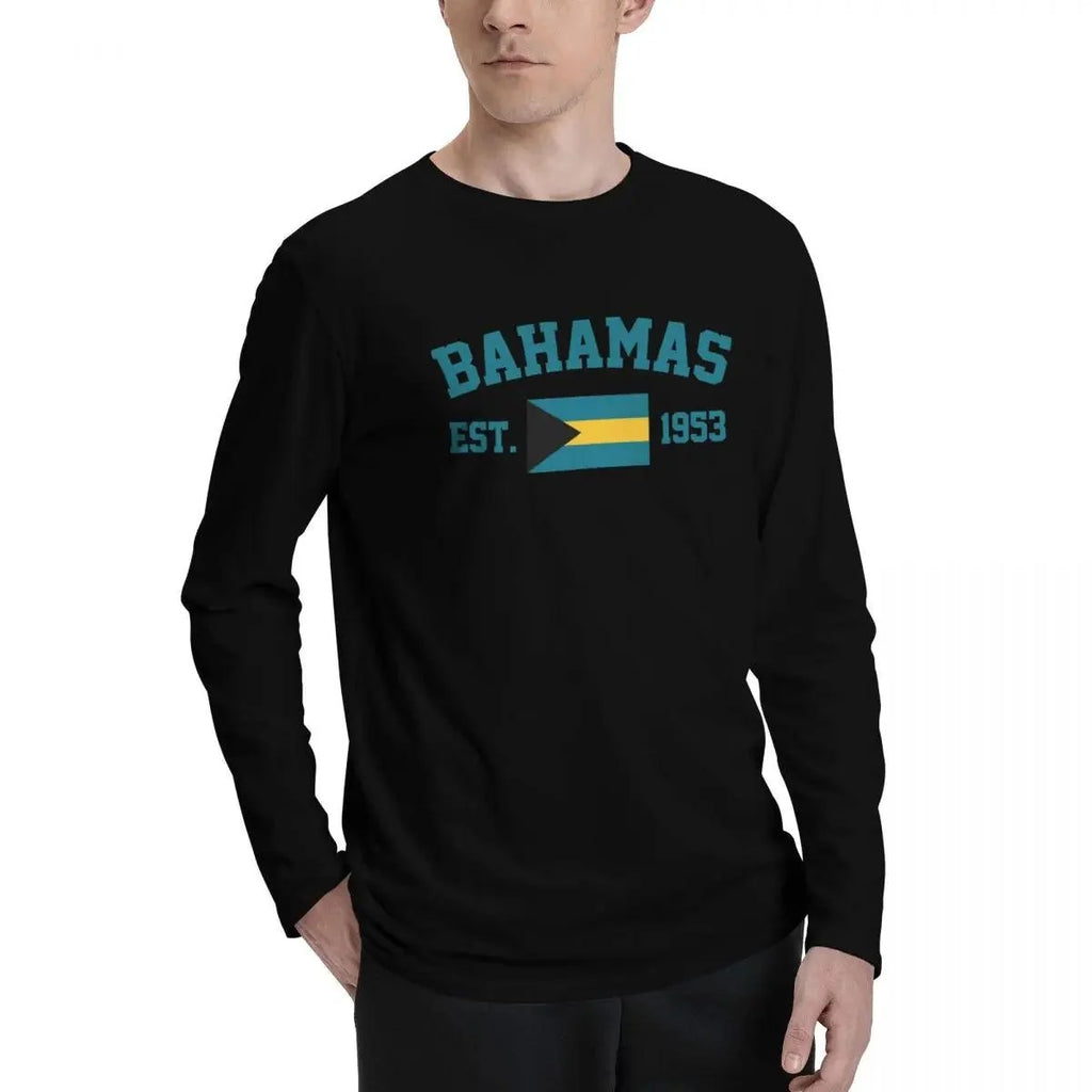 100% Cotton Bahamas Flag With EST. Year Long Sleeve Autumn T shirts Men Women Unisex Clothing LS T-Shirt Tops Tees