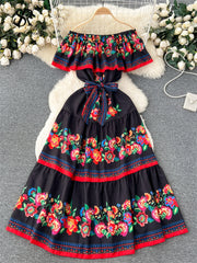 French Court Floral Print Sling Neck Off Shoulder Fashion Loose Long Dress