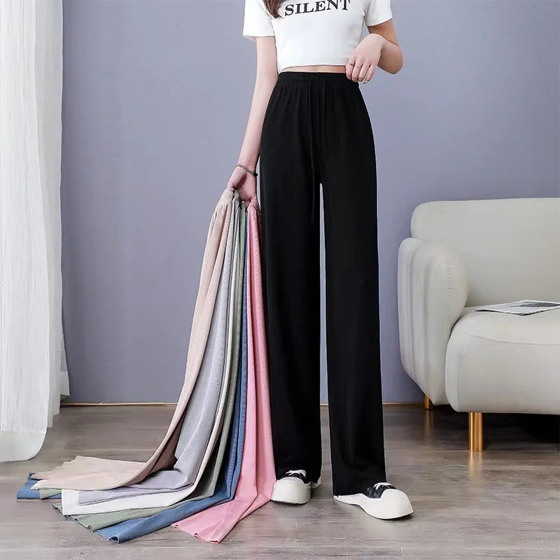 Women Spring Summer Ice Silk Wide Leg High Waist Pants Loose Straight Casual