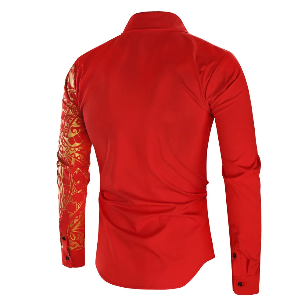 Men's Brand Luxury Gold High Quality Long Sleeve Shirts Business Dress Prom Social Print Shirts