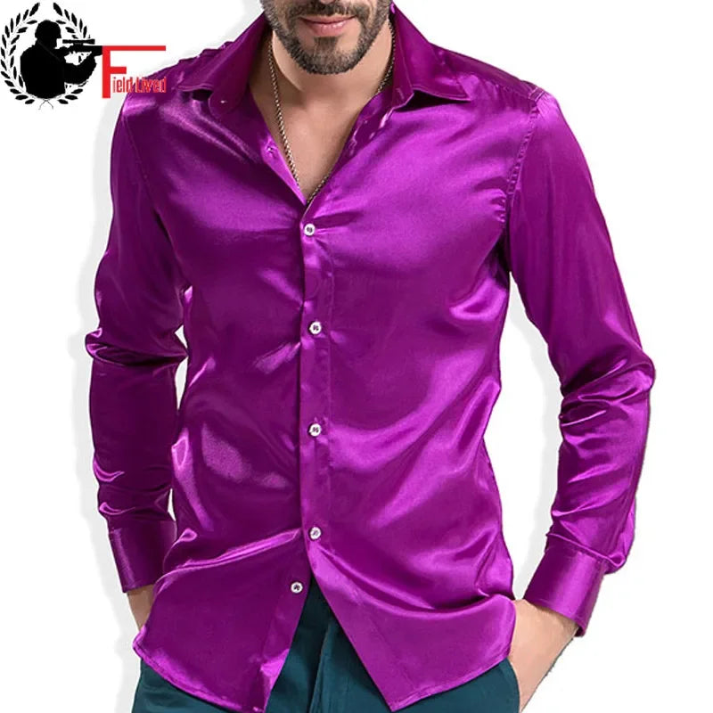 Men's Fashion Shiny Satin British Style Dress Shirt Luxury Ice Silk Long Sleeve Casual Wear