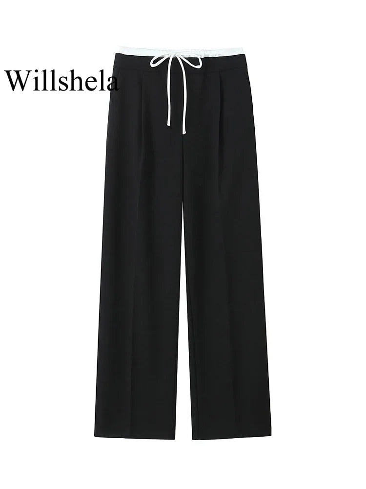 Willshela Fashion Solid Lace Up Side Zipper Straight Pants Vintage Elastic High Waist Chic Trousers