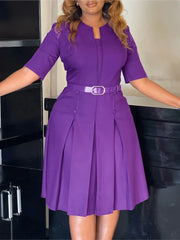 Elegant Office Dresses For Woman V Neck Half Sleeve High Waisted Belt Waisted Pleated Mid Calf Classy Modest Female Work Gowns