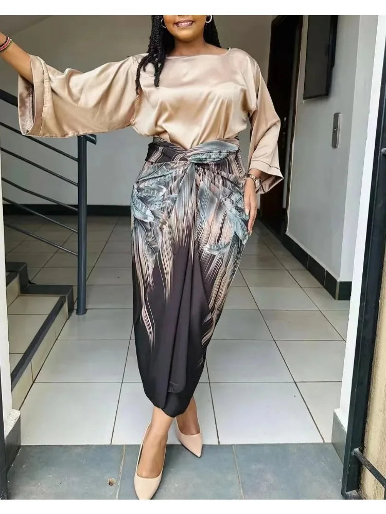 African Printed Two Piece Sets Skirt Womens O-neck Loose Flare Sleeve  Lace-up Skirt 2 Piece Suit Womens