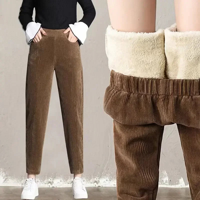 Women Corduroy Warm Thick Plush Casual Autumn Winter Leggings High Waist Pants