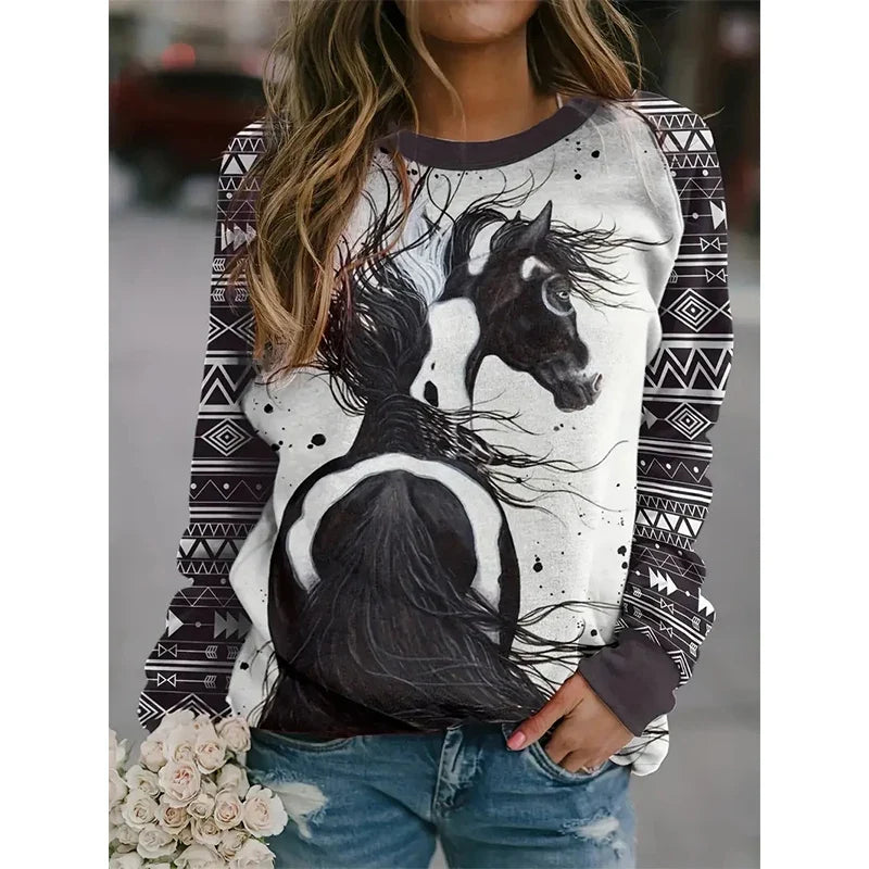 Western Aztec Ethnic Style Indians Sweatshirts Horse 3D Print Retro Hoodies Women Hoodie Oversized Pullovers Woman Tops Clothing
