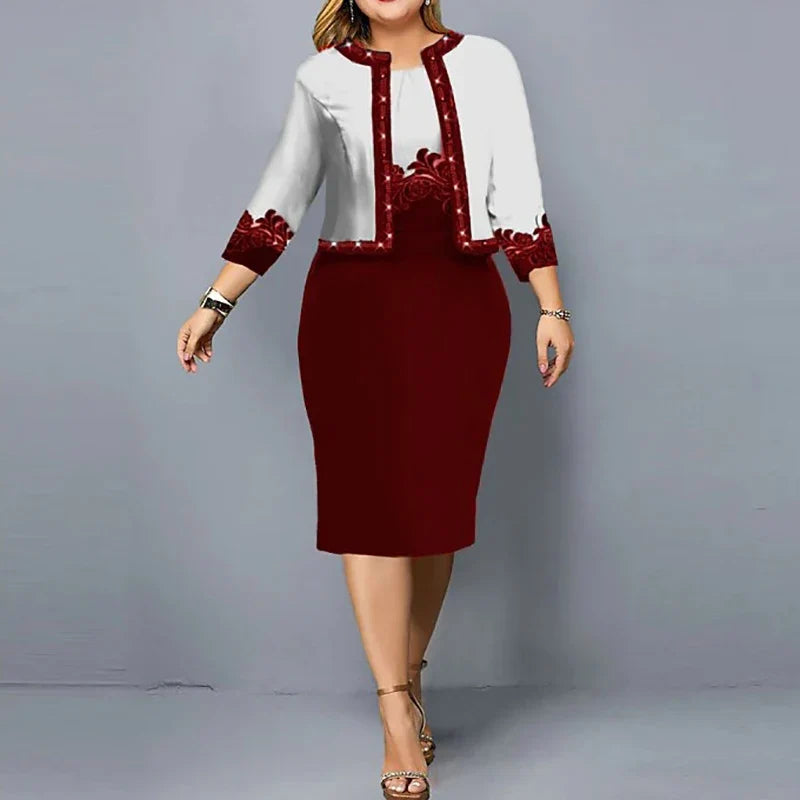 Women 3/4 Sleeve 2 Piece Cardigan set Wrapped Hip Dress Suit New Print Fashion Office Outfits Vestidos