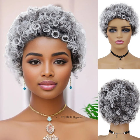 Synthetic Hair Short Grey Wigs Afro Curly Wig for African American Black Women Girls Pixie Hairstyle Daily Cosplay Party Costume