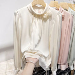 French Style Elegant Folds Shirt Female Clothing Stylish Floral Three-dimensional Decoration Spring Autumn Stand Collar Blouse