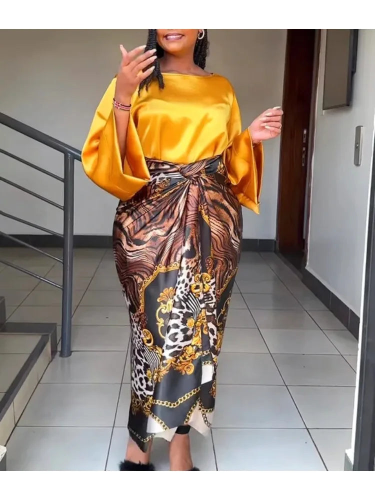 African Printed Two Piece Sets Skirt Womens O-neck Loose Flare Sleeve  Lace-up Skirt 2 Piece Suit Womens
