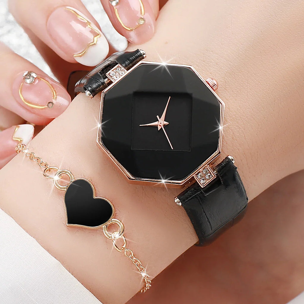 5PCS/Set Women's Fashion Leather Band Analog Quartz Watches Heart Jewelry Set (Without Box)