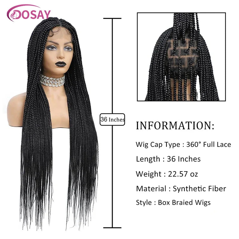 36" Full Lace Braided Wigs Synthetic Hair Box Braids Knotless Braided Wigs For African Women