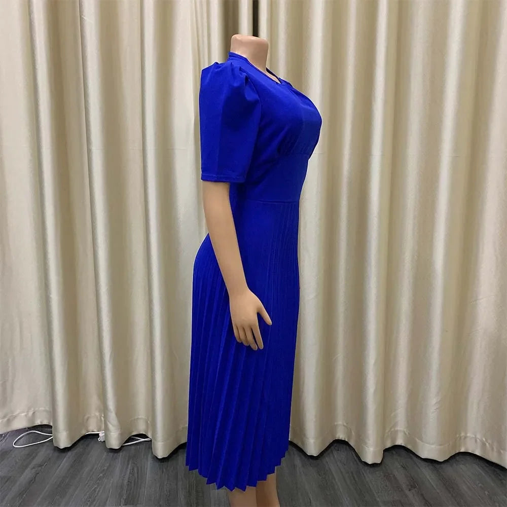 Elegant Pleated O Neck Short Sleeve Mid Calf Formal Business Wear Midi Vestidos Mujer Dress