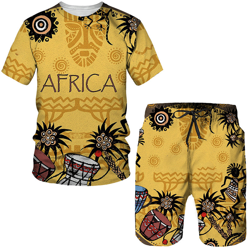 African Men 2 Piece Outfit Ethnic Style Dashiki Shirts Short Sleeve Tee