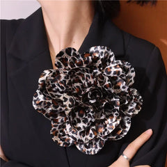 French Satin 19cm Brooch Fabric Exaggerated Leopard Print Large Flower Pins Handmade Flower Clothing Accessory Corsage