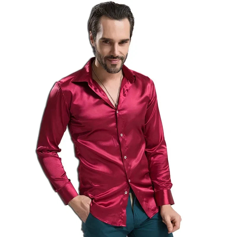 Men's Fashion Shiny Satin British Style Dress Shirt Luxury Ice Silk Long Sleeve Casual Wear