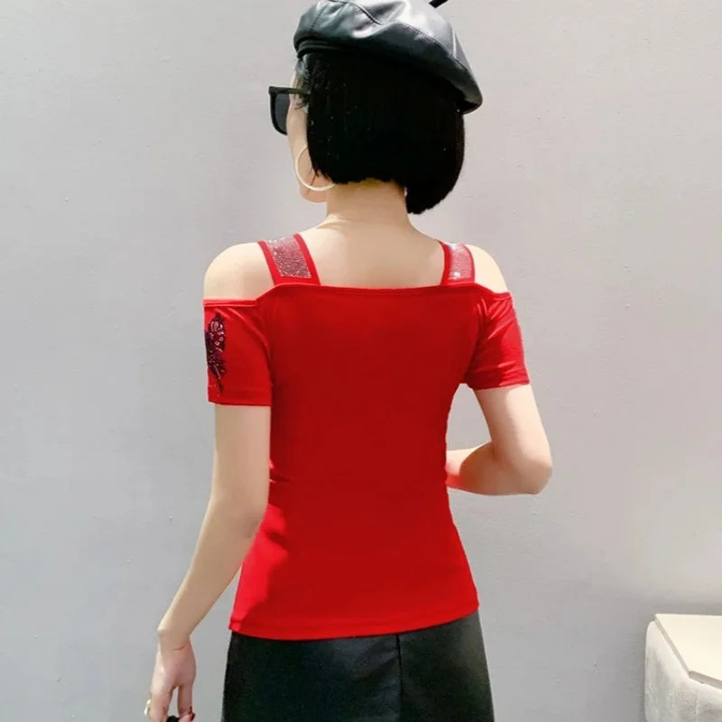 Summer European Clothing T-shirt Female New Short Sleeve Tops Shirt Fashion Butterfly Diamonds Mesh Tees Women Slim T-Shirt
