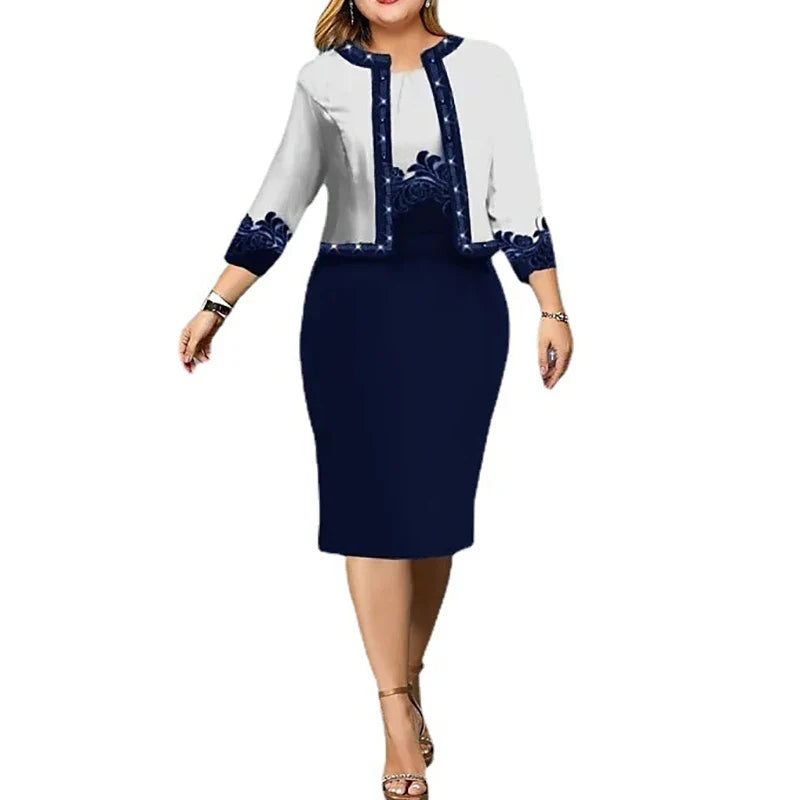 Women 3/4 Sleeve 2 Piece Cardigan set Wrapped Hip Dress Suit New Print Fashion Office Outfits Vestidos