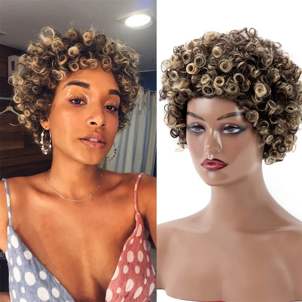 Short Curly Pixie Cut Wig - Black & Blonde Two-Tone