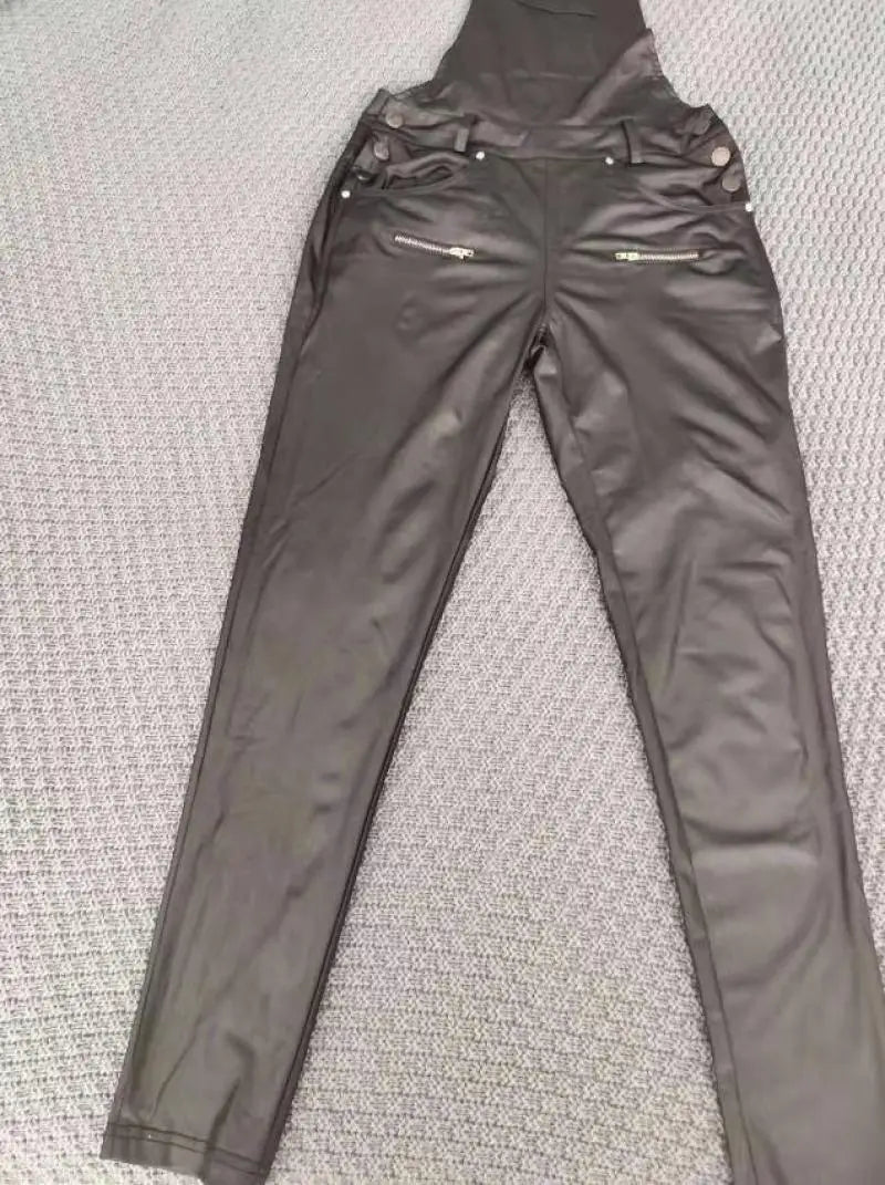 Women's Shoulder Strap Square Neck Pu Leather Buckle Zipper Sexy Tight Fitting Jumpsuit
