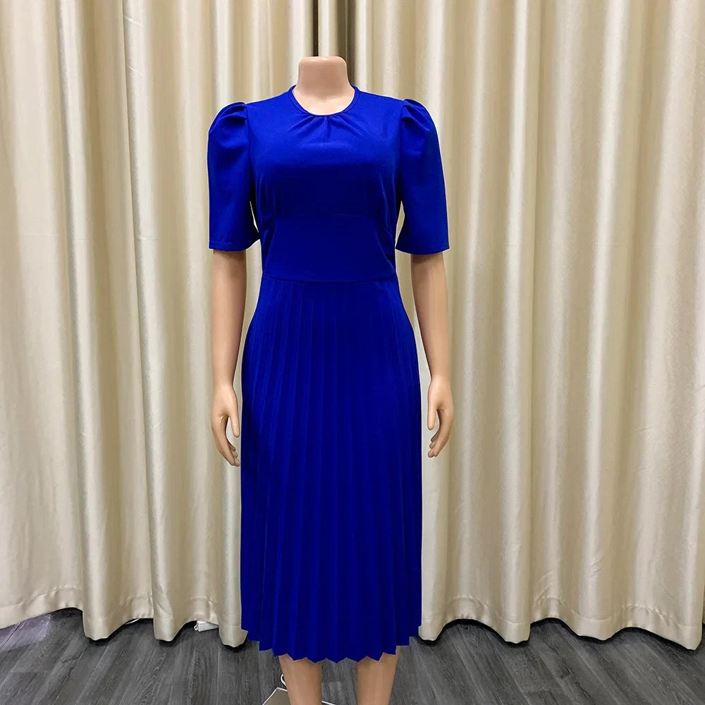 Elegant Pleated O Neck Short Sleeve Mid Calf Formal Business Wear Midi Vestidos Mujer Dress