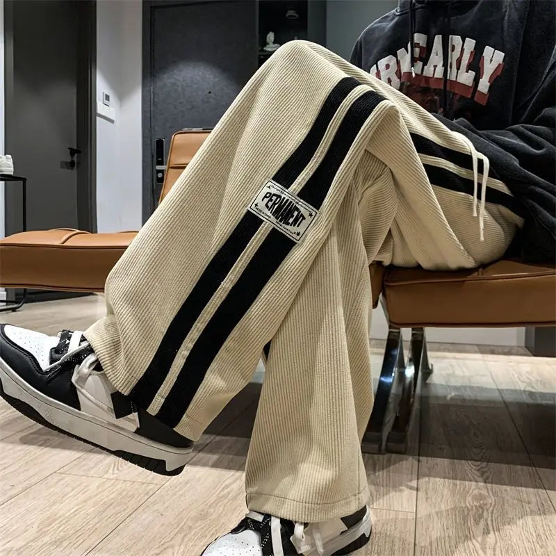 American Vintage Side Striped Pants Corduroy Men Casual High Street Harem Trousers Y2K Joggers Baggy Straight Sweatpants