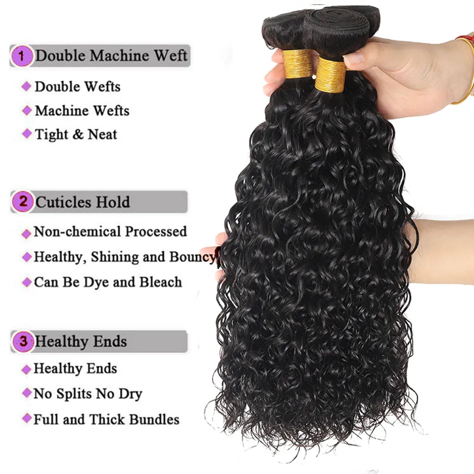 Malaysian Water Wave Bundles with Frontal - Remy Human Hair