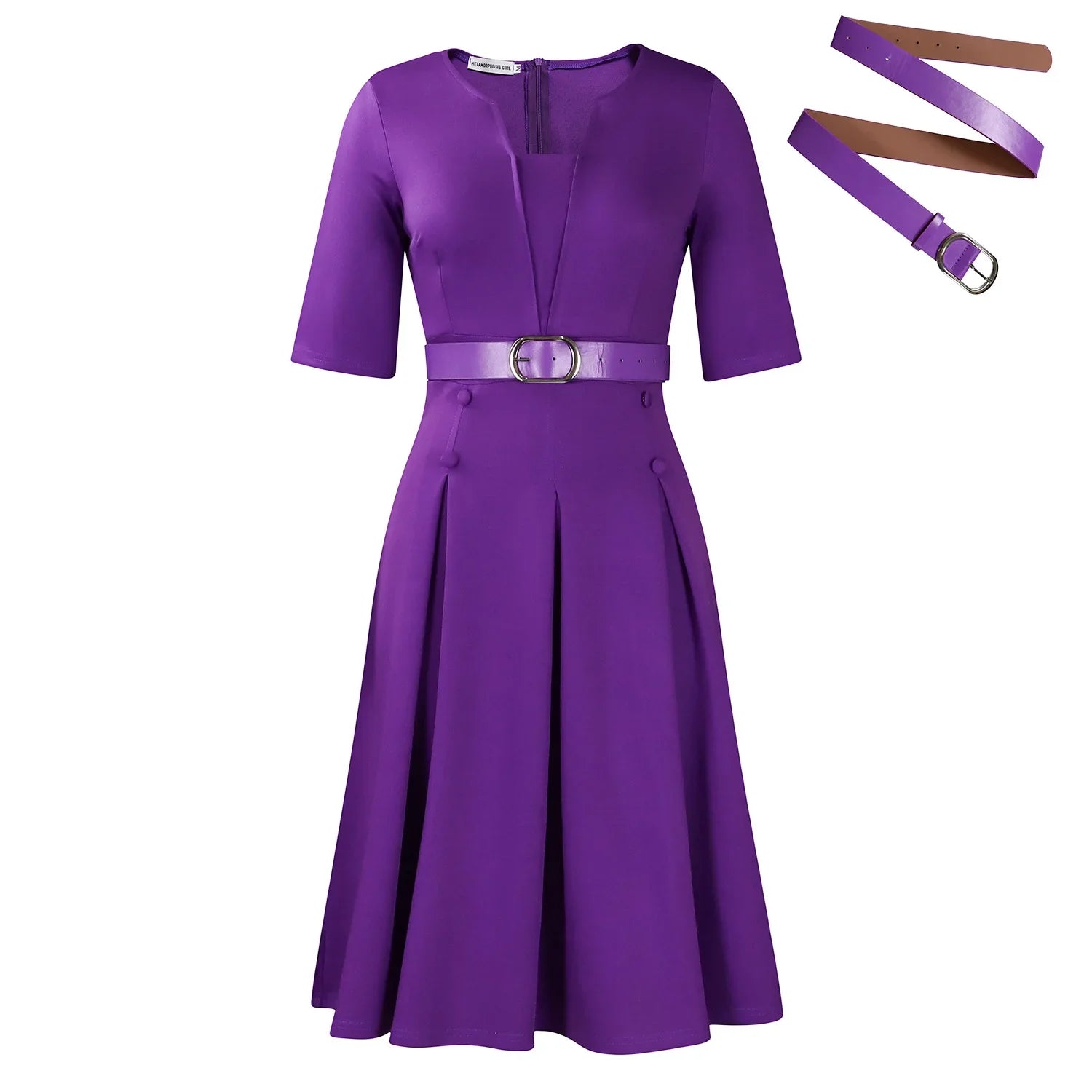 Elegant Office Dresses For Woman V Neck Half Sleeve High Waisted Belt Waisted Pleated Mid Calf Classy Modest Female Work Gowns