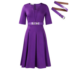 Elegant Office Dresses For Woman V Neck Half Sleeve High Waisted Belt Waisted Pleated Mid Calf Classy Modest Female Work Gowns